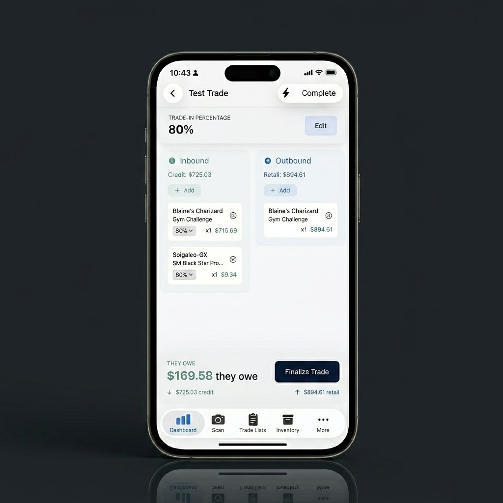 VndrComp mobile app showing a Pokémon card trade with inbound and outbound lists, 80% trade-in percentage, and a $169.58 balance owed